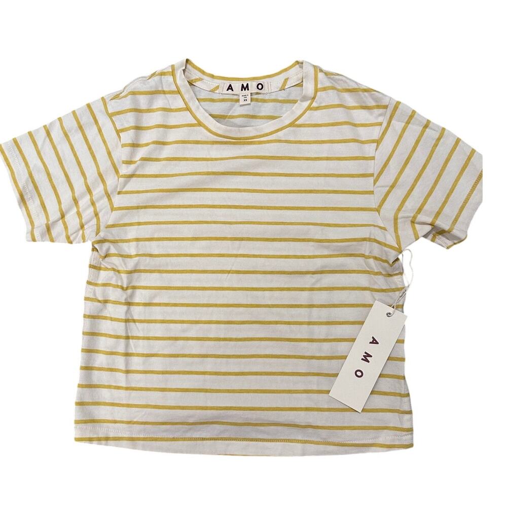 AMO Classic Boxy Cropped Striped Babe Tee Yellow White, size XS
